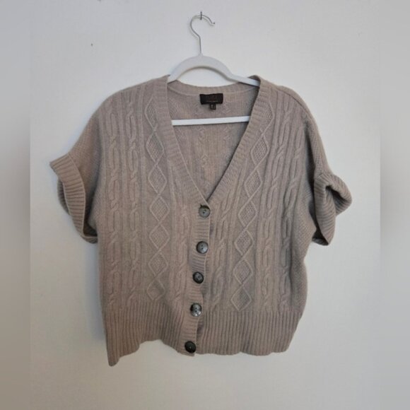 Pure Collection Taupe Cable Knit Cashmere Short Sleeve Cardigan | L - Picture 1 of 5
